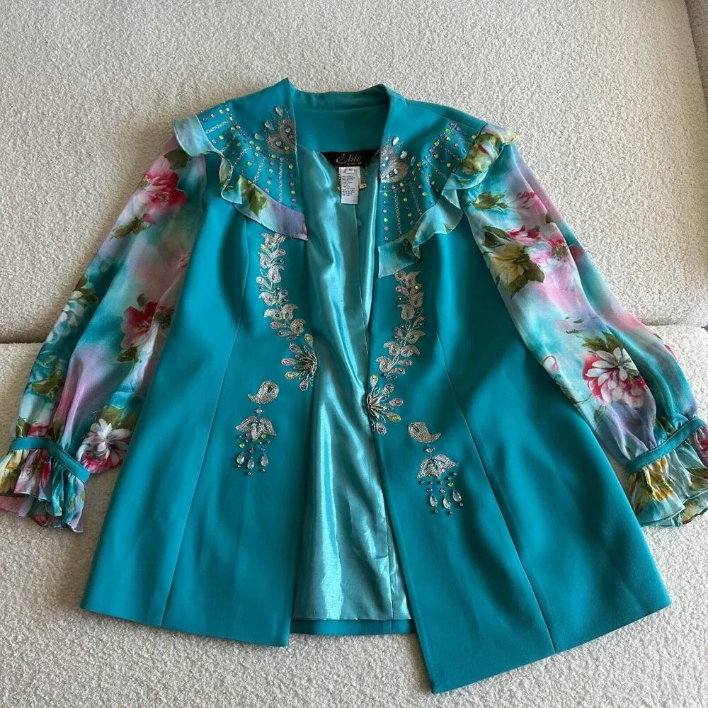Elite Champagne Women's Blue Bedazzled Flowy Suit‎ Jacket Puff Sleeves Size 14